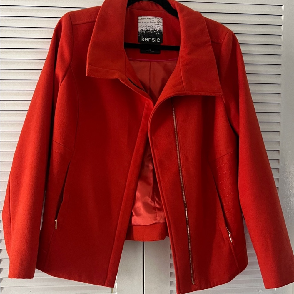 Kensie Women's Orange Tailored Pea Coat with gold zippers
